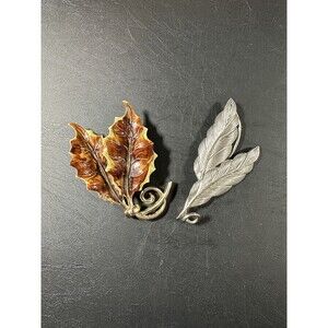 Lot of 2 Vintage Leaf Brooches Pins Silver and Autumn Colors